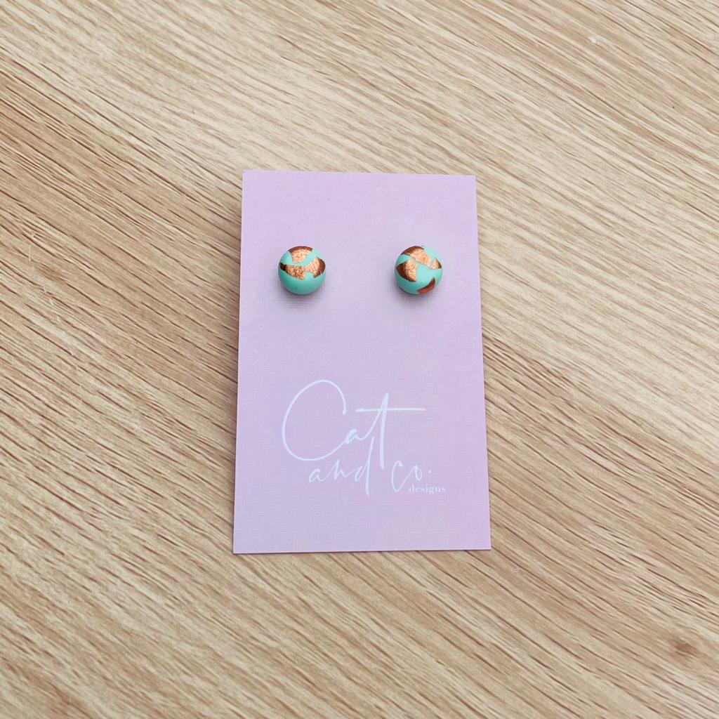 Cat & Co Button Stud Earrings - Mint with Rose Foil