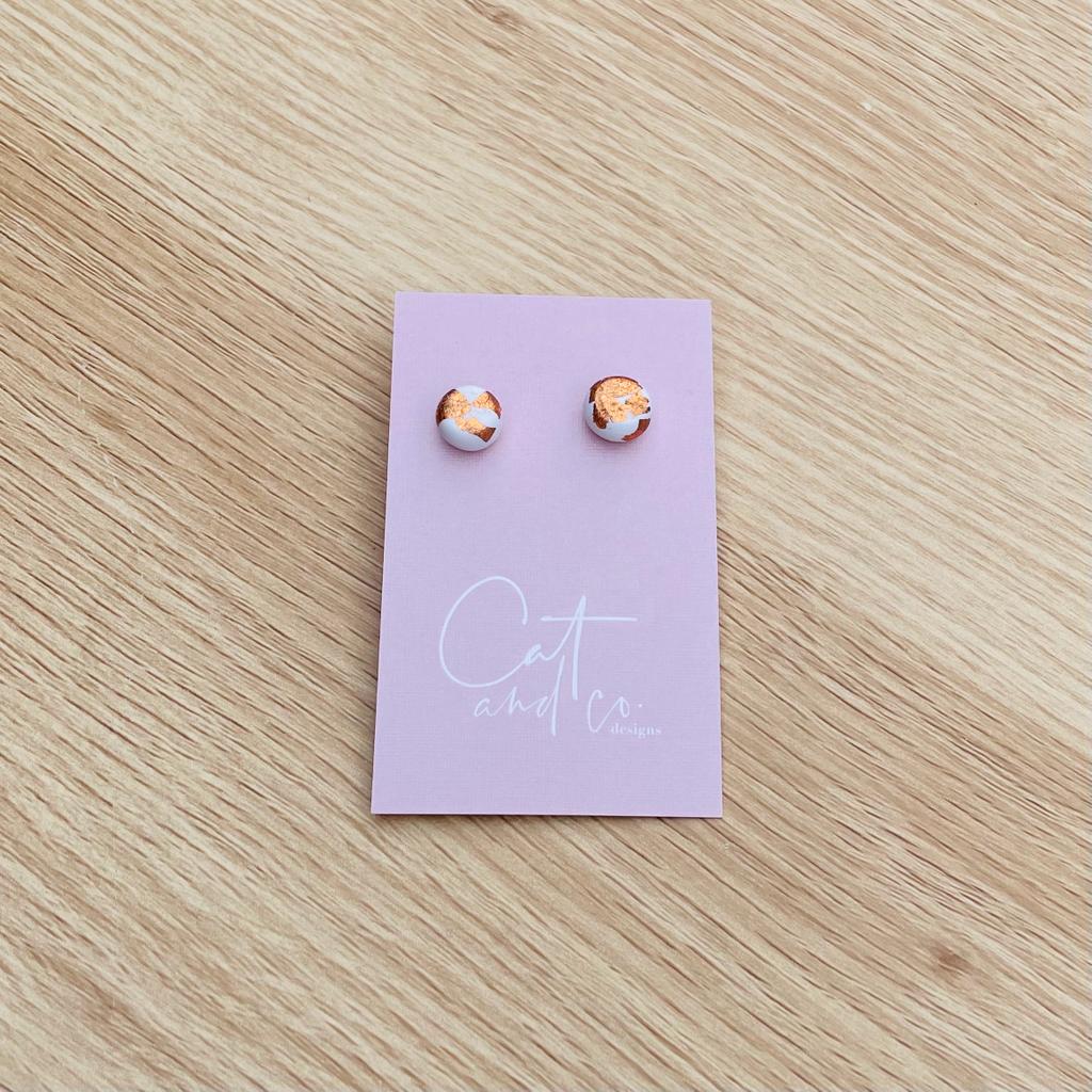 Cat & Co Button Stud Earrings - White with Rose Foil