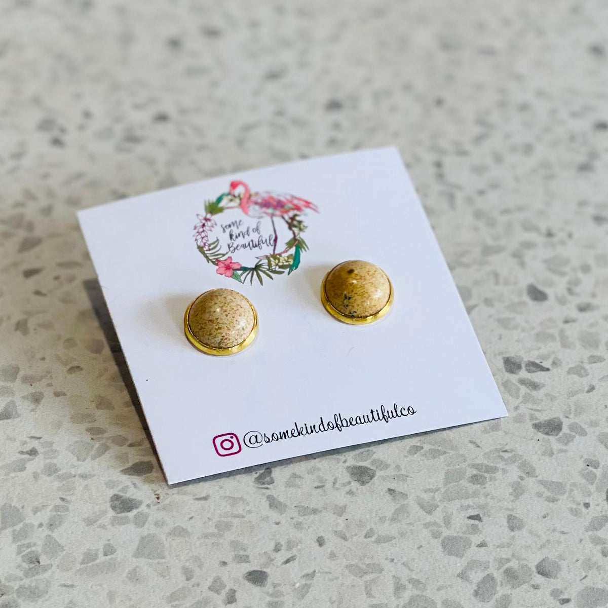 SKOB Cabochon Element Stud Earrings - Picture Jasper