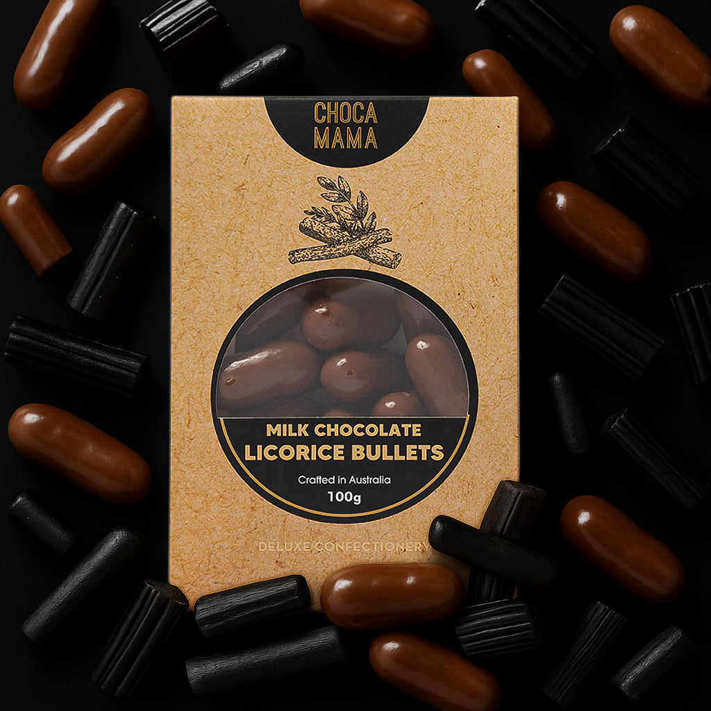 Chocamama Milk Chocolate Licorice Bullets 100g