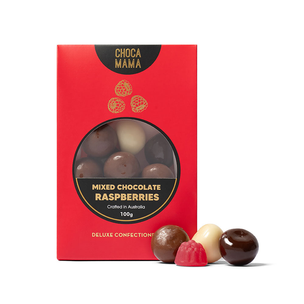 Chocamama Mixed Chocolate Raspberries 100g