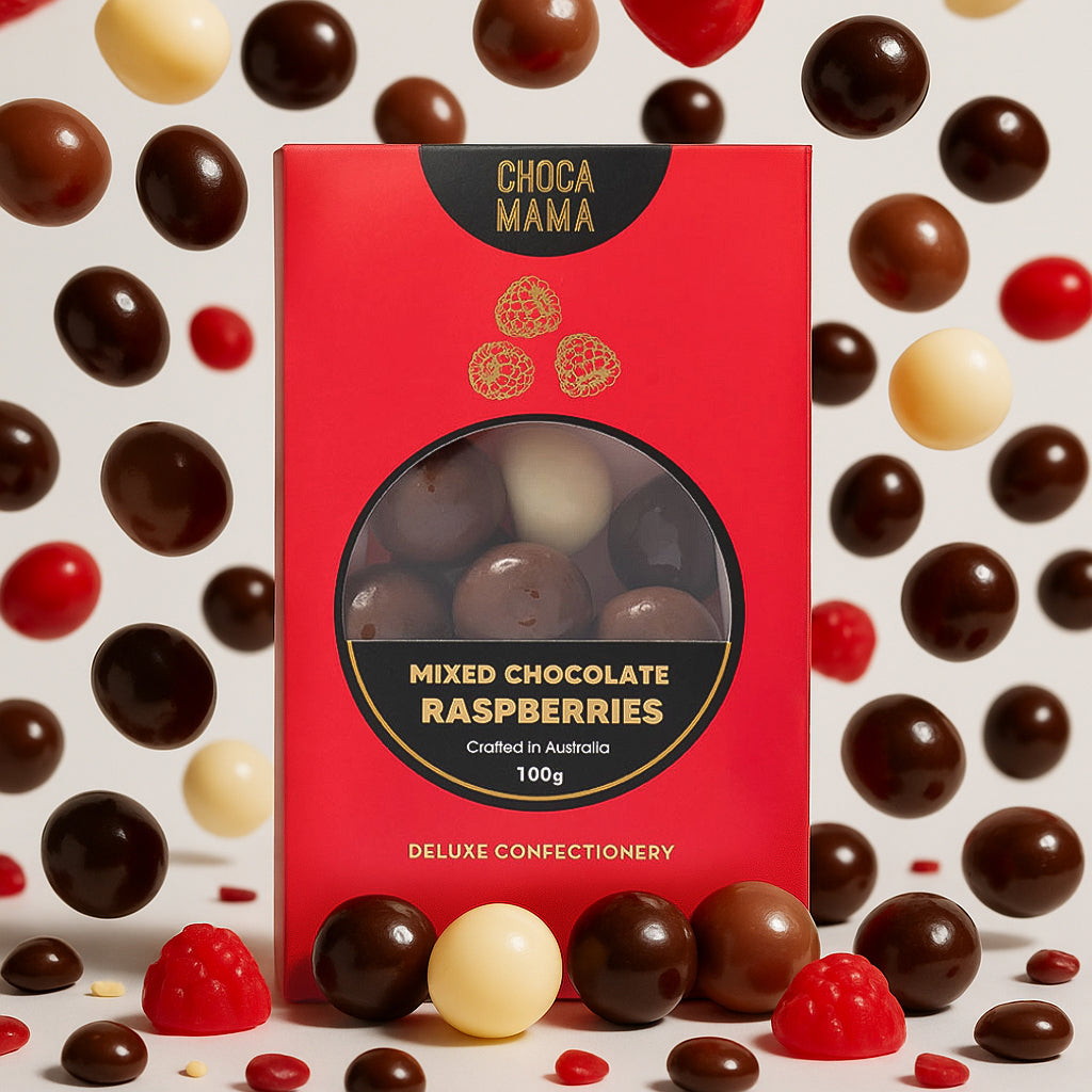 Chocamama Mixed Chocolate Raspberries 100g
