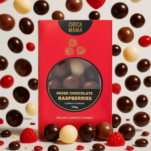 Chocamama Mixed Chocolate Raspberries 100g