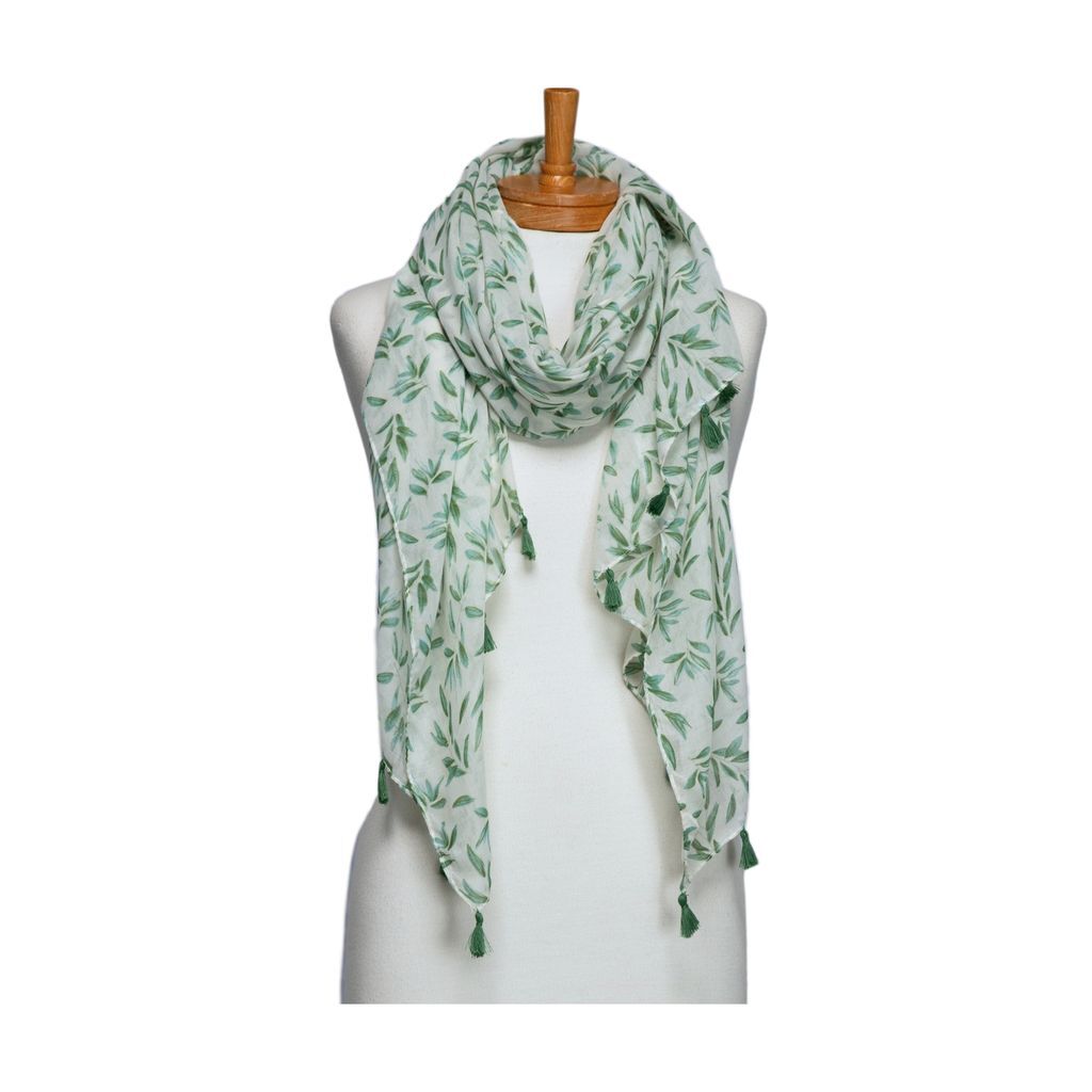Taylor Hill Green Multi Leaves with Tassel Scarf