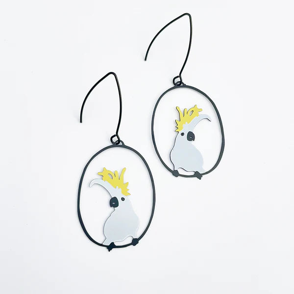 Denz - Midi Sulphur Crested Cockatoo earrings in White/Yellow