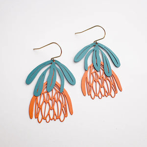 Denz - Protea Flower Dangle Earrings in Teal/Orange