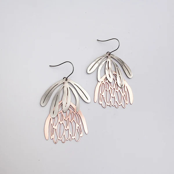 Denz - Protea Flower Dangle Earrings in Silver/Rose Gold