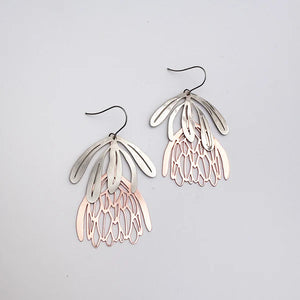 Denz - Protea Flower Dangle Earrings in Silver/Rose Gold