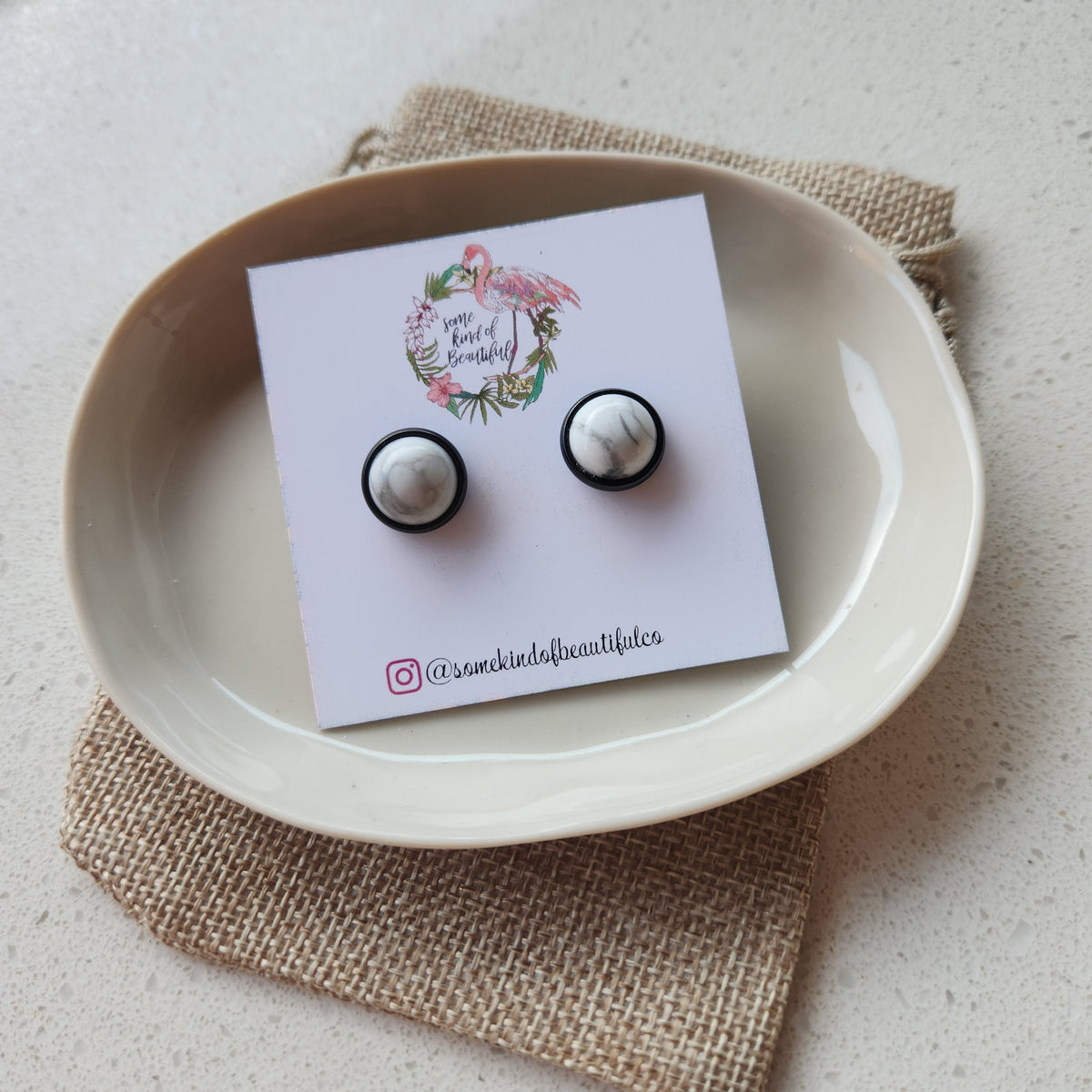 SKOB Cabochon Element Stud Earrings - Howlite